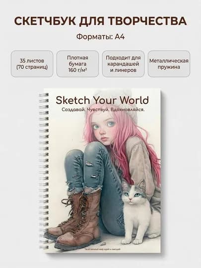 Скетчбук для рисования, блокнот для рисования A4 и A5, 160 г/м², 35 листов, на пружине — VLR-SKCHGIRL-СВЕТБЕЖ-SKCHGA5
