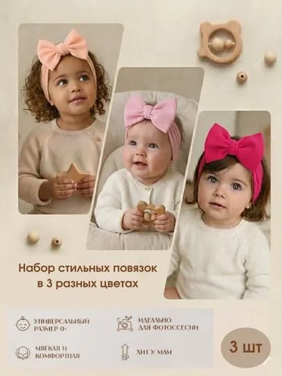 Повязка на голову для девочек, ободок для волос с бантом, 3 шт в наборе, эластичная