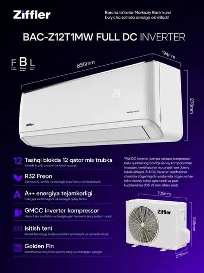 Кондиционер Ziffler 12 BTU Inverter R32 A++