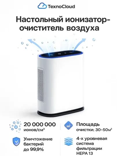 Очиститель воздуха с ионизацией, 6-ступенчатая фильтрация, детский замок, площадь до 50 м²
