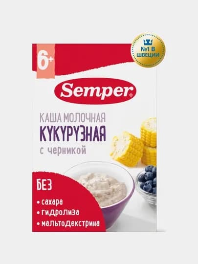 Каша молочная кукурузная Semper, с черникой, сухая, без сахара, без глютена, 6 м+, 180 г