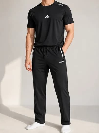 Летний спортивный костюм, размеры XL–3XL, хлопок + эластичная ткань, 4 цветов — ADRON-DVOYADIDAS01-ЧЕРН-XXL