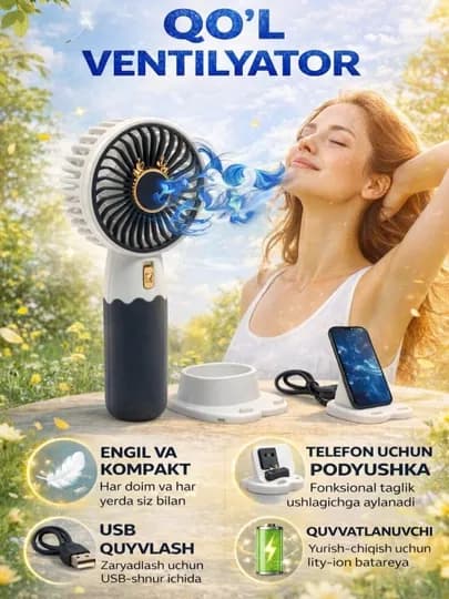 Портативный мини-вентилятор с USB-кабелем, компактный, с 3 скоростями