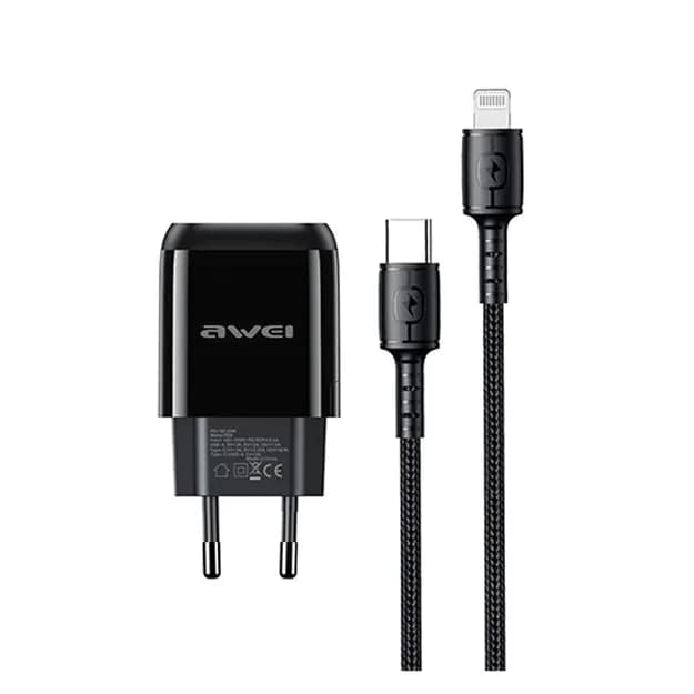 Cетевое зарядное устройство Awei PD2 PD+QC3.0, с кабелем Type-C и Lighting