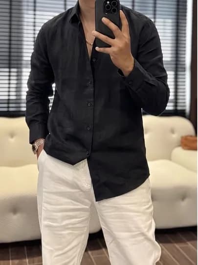 Рубашка для мужчин, мужская льняная рубашка Lyon Classic Linen Casual L-3XL — ONEPIT-LIONFUT-ЧЕРН-XL