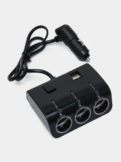 Тройник разветвитель прикуривателя, c 3 гнездами и с двумя USB