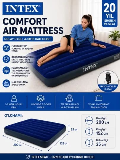 Надувной матрас Intex Comfort Air Mattress, 2-местный, 200×152×25 см