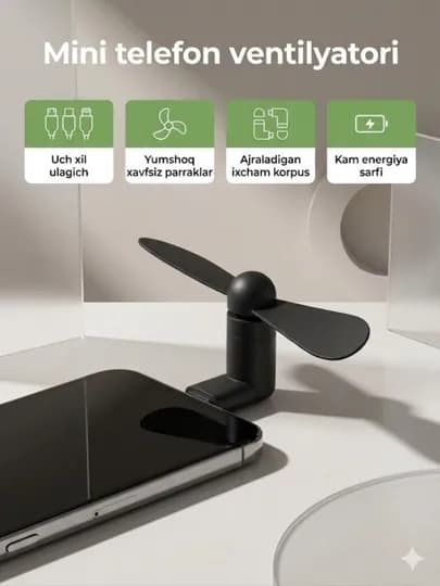 Мини-вентилятор для телефонов Xiaomi, Samsung и iPhone — LUCKYGQ-VENTILYATIR-ЧЕРН-IPHONE