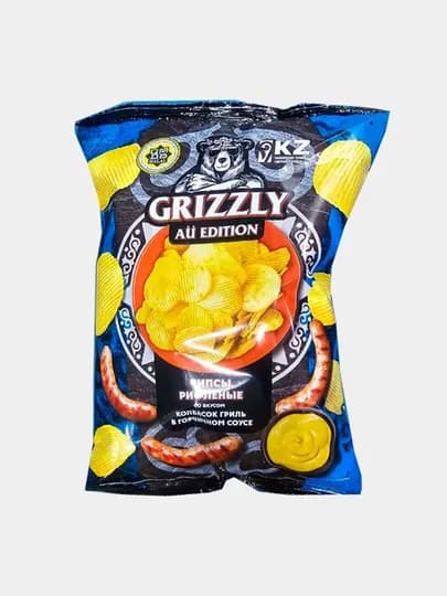 Чипсы рифленые Grizzly со вкусом колбасок гриль в горчичном соусе 100 г — SNACKS1-GRIZZLI7