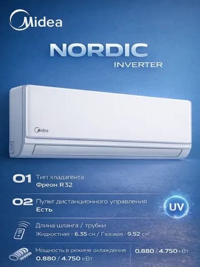 Кондиционер Midea инверторный, R32, охлаждение и обогрев, до –15 °C на обогрев — SMARTL-MID12-ПРОЗР