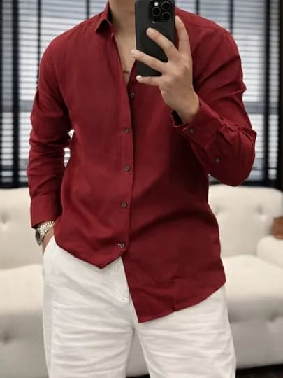 Рубашка для мужчин, мужская льняная рубашка Lyon Classic Linen Casual L-3XL — ONEPIT-LIONFUT-АЛЫЙ-XL