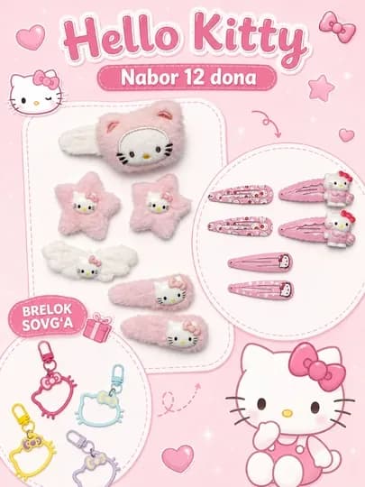 Набор из 12 заколок для волос Hello Kitty + брелок в подарок — KIBRIYO-TUPLAM12TALIK-БЕЛЫЙ