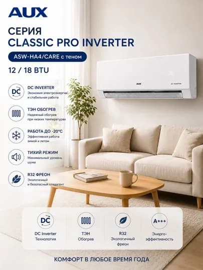 Кондиционер AUX Серия Classic Pro Inverter ASW-H18A4/CARE с теном