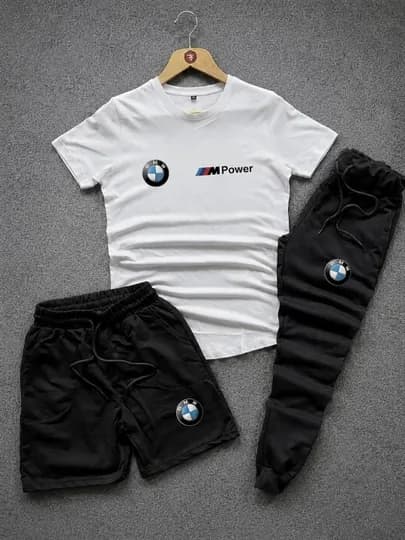 Мужской комплект тройка BMW, футболка и брюки и шорты, для улицы, для зала, 100% хлопок — KEDDSHP-ALI3-БЕЛЫЙ-S/M