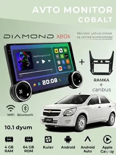 Android монитор Diamond X80s: 10.1 дюйм, 4/64 ГБ, CarPlay, Bluetooth, USB, Wi-Fi