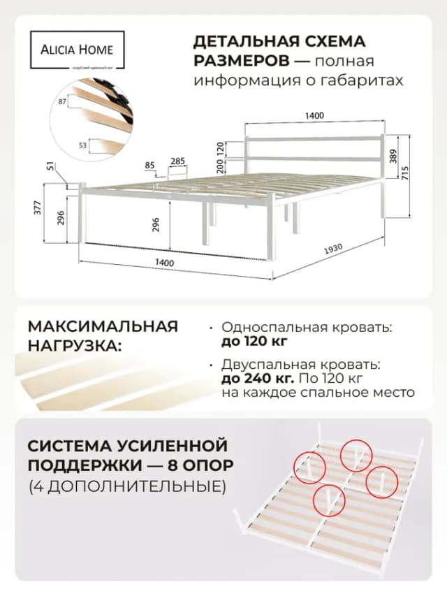 Кровать 140x190 двуспальная металлическая ALICIA