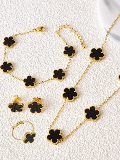 Комплект украшений в стиле Vancleef, Messika, Bvlgari, серьги, кольцо, браслет, цепочка — XULUX-KLEVER-ЧЕРН