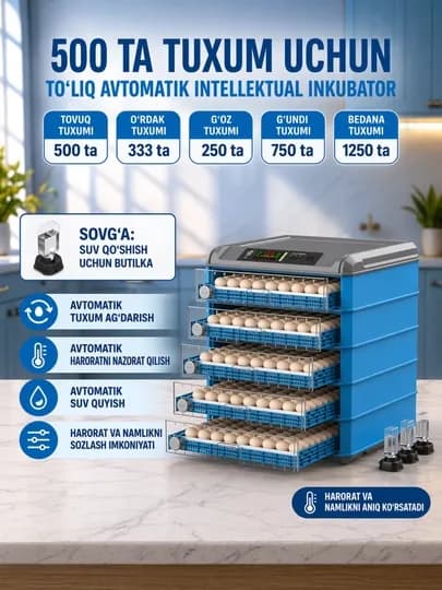 Инкубатор для яиц, с автоматическим переворачиванием, 500 куриных, 1250 перепелиных яиц — ZARA3-INKUBATOR-ЛАЗУР