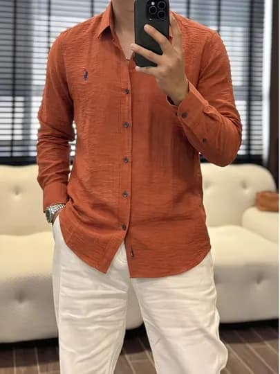 Рубашка для мужчин, мужская льняная рубашка Lyon Classic Linen Casual L-3XL — ONEPIT-LIONFUT-ОРАНЖ-L