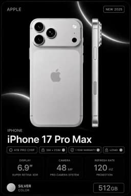 Смартфон Apple iPhone 17 Pro Max 512 ГБ (nanoSim+eSim), Silver