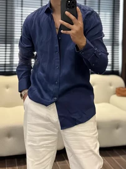 Рубашка для мужчин, мужская льняная рубашка Lyon Classic Linen Casual L-3XL — ONEPIT-LIONFUT-ТЕМНСИН-XXL