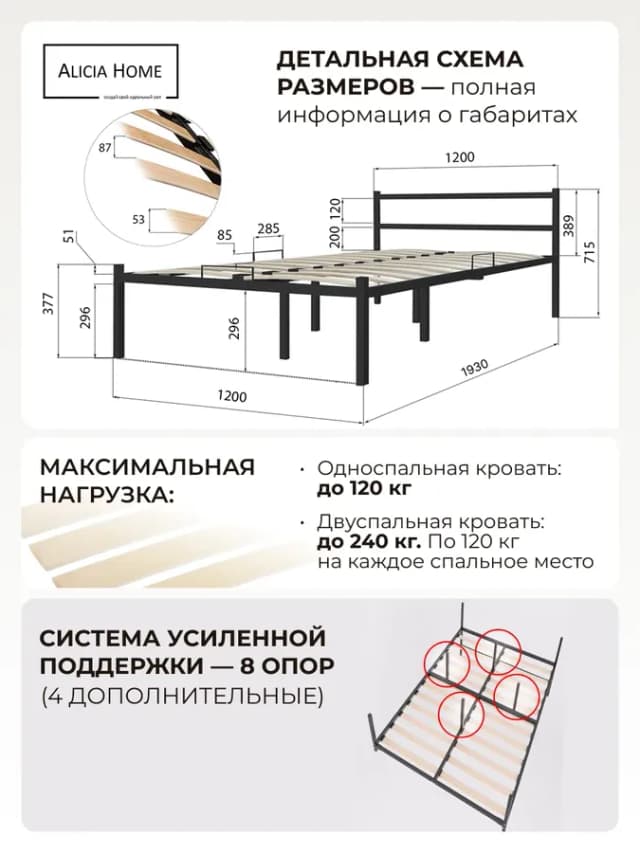 Кровать 120x190 двуспальная металлическая ортопедическая