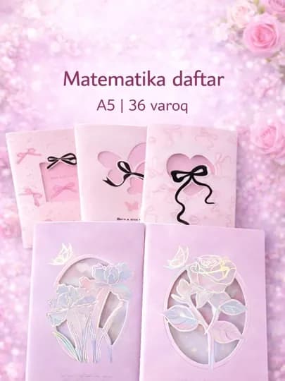 Романтический блокнот A5, в клетку (математика), 36 листов, набор 5 штук, розовый дизайн