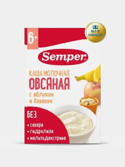 Каша молочная, овсяная, Semper, с яблоком и бананом, сухая, без сахара, с 6 месяцев, 180 г