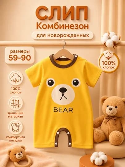 Детская одежда для новорожденных, 100% хлопок, летний комбинезон-слип — NOZLADY-SLIPYOZ10-ЖЕЛТ-03МЕС