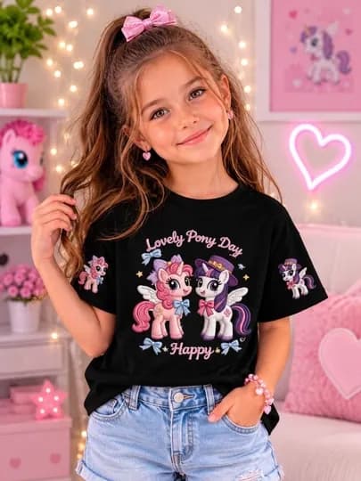 Детская футболка для девочки My Little Pony — стильная 100% хлопок футболка для детей — 2013-PONNY-ЧЕРН-140