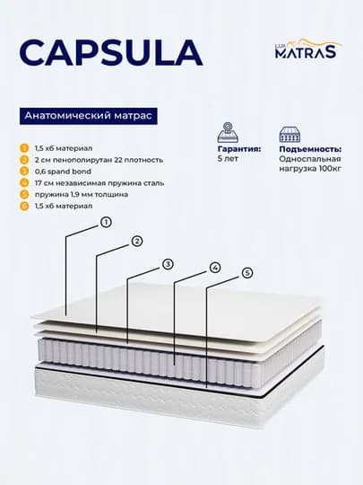 Матрас Capsula анатомический, высота 22 см, независимые пружины, Luxmatras — MATRAS-CAPSULA-БЕЛЫЙ-160