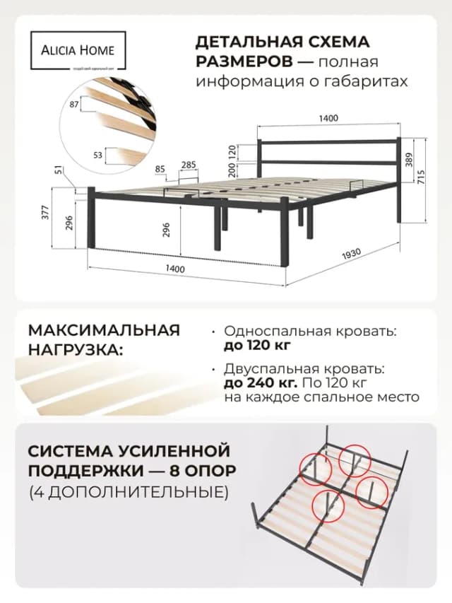 Кровать 140x190 двуспальная металлическая ортопедическая