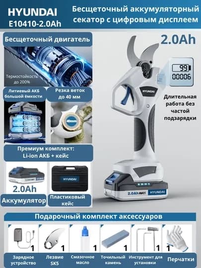 Бесщеточный аккумуляторный 2.0Ah/4.0Ah секатор HYUNDAI