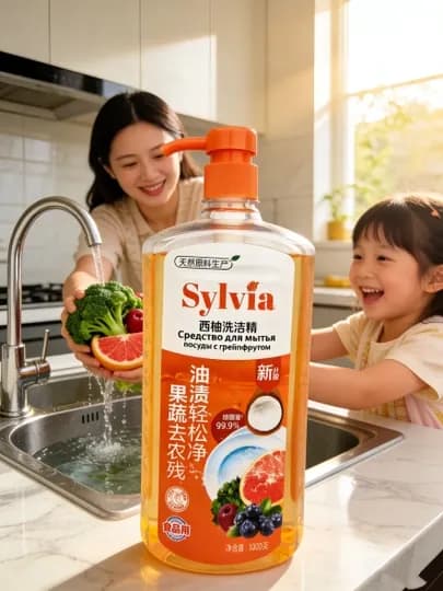 Средство для мытья посуды Sylvia, 1 литр, с удобной помпой, для посуды, фруктов и овощей — SYLVIA-IDISHGELI-ОРАНЖ