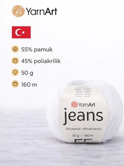 Пряжа YarnArt Jeans 55 % Pamuk 45 % Poliakrilik 50 g 160 mt — PRYAJAU-JEANS-БЕЛЫЙ