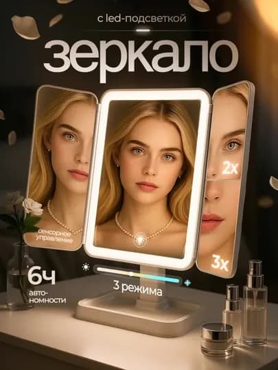 Зеркало большое настольное для макияжа косметическое с регулировкой наклона и подставкой — LIFEST-BL0055-ЛЕДЯН