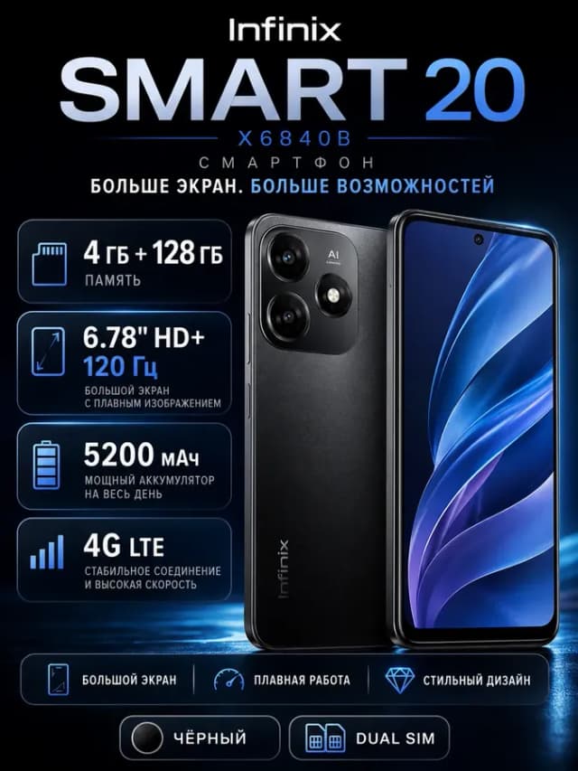 Смартфон Infinix Smart 20 X6840B 4Gb 128Gb чёрный