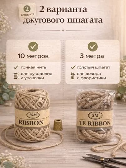 Джутовый шпагат 10 м / 3 м декоративная джутовая нить верёвка для рукоделия и декора