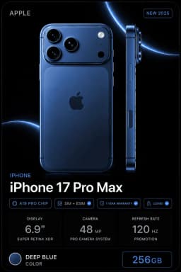 Смартфон Apple iPhone 17 Pro Max 256 ГБ (nanoSim+eSim), Deep Blue
