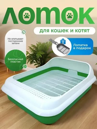 Лоток для кошек пластиковый с высокими бортиками для домашних животных, 45.0x35.0x15.0 см — BIRDS-LOTOKBG-САЛАТ