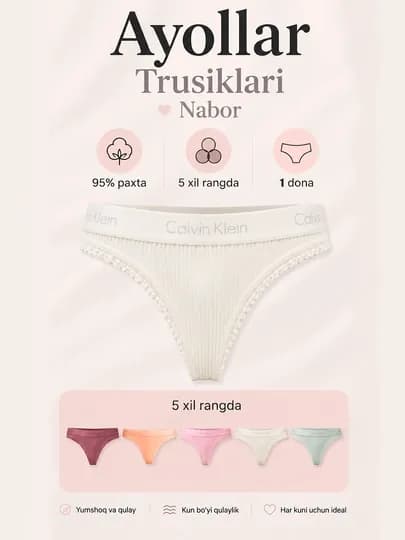 Женские трусы Calvin Klein, из хлопка 95%, 1 шт, слипы и стринги — ALTEX-ЖЕНСНАБОР5-ПРОЗР-XL