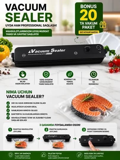 Вакууматор — вакуумный упаковщик продуктов, + 30 пакетов, машина для вакуумной упаковки — BEXA005-VAKUM6-ЧЕРН