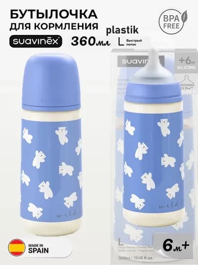 Бутылочка пластиковая Suavinex 150мл 0+/270мл 3+/ 360мл 6+ месяцев — MAA-SUAVINEXWILDERDIES150270360-ГОЛУБ-360wild