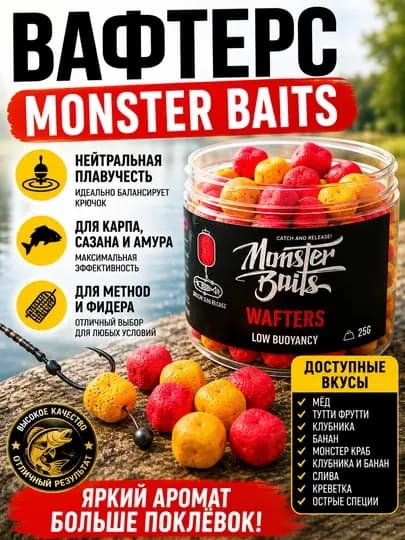 Вафтерс Monster Baits для карпа и фидера, насадка Wafters для Method Feeder — BIGFISH-CFT1239-банан-10х8мм