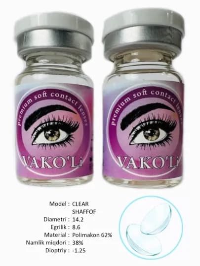 Контактные линзы VAKO'Li для глаз (прозрачные), 12 месяцев, 2 Линзы, CLEAR -1.25 — ЛИНЗЫ-2362