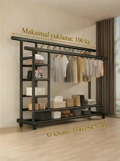 Вешалка для одежды, открытый шкаф для одежды с полками, грузоподъемность до 100 кг