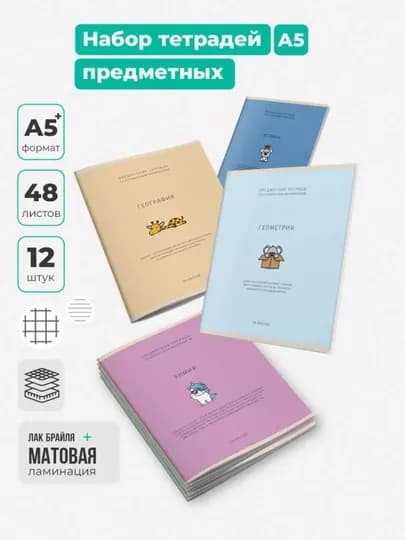 Комплект предметных тетрадей A5, 48 л, в клетку и линию, 12 шт, со справочной информацией