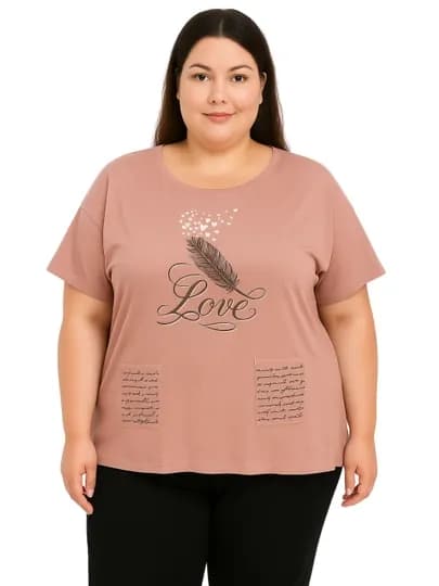 Женская мягкая футболка с надписью "Love" – большие размеры (58-64) — AZALYCO-12465-ПУДР-62