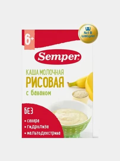 Semper каша детская, молочная, рисовая, с бананом, сухая, без сахара, с 6 месяцев, 180 гр