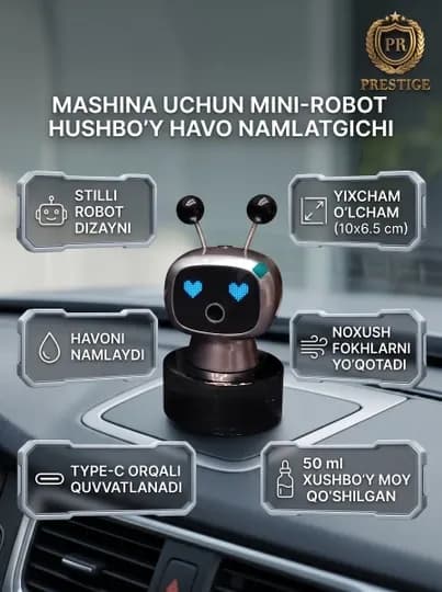 Диффузор для авто робот Smart Fragra — увлажнитель, 50мл масло, USB Type-C, LED